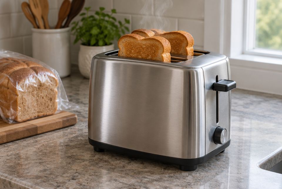 A stainless steel toaster with toasted bread popped up, beside a loaf of bread on a kitchen counter.