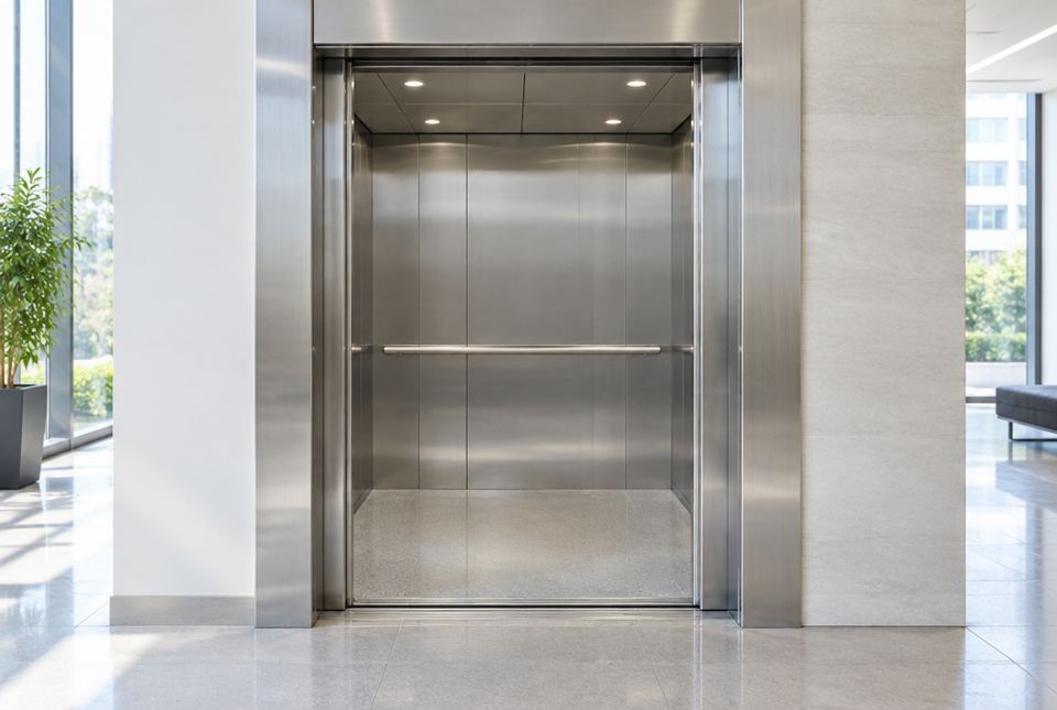 Open stainless steel elevator doors show an empty elevator car in a bright building lobby.