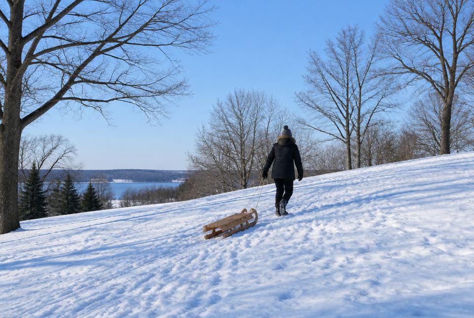 A person in a winter coat pulls a wooden toboggan by its rope up a snowy hill.