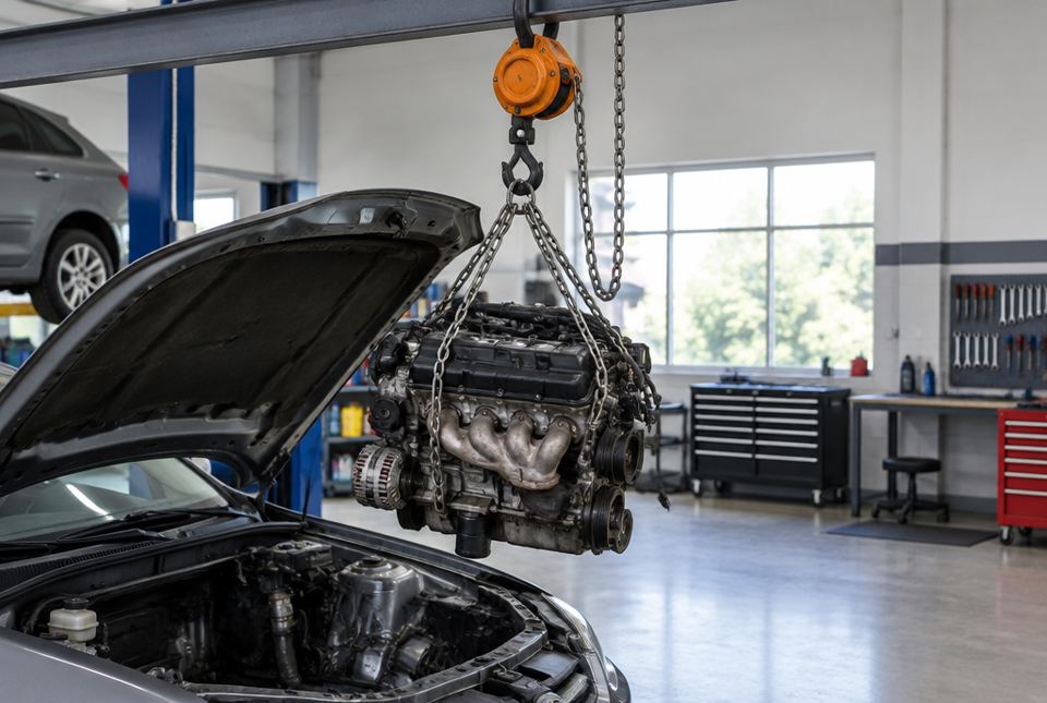 An orange chain hoist hanging from a steel beam holds a car engine above an open car hood in a repair garage.