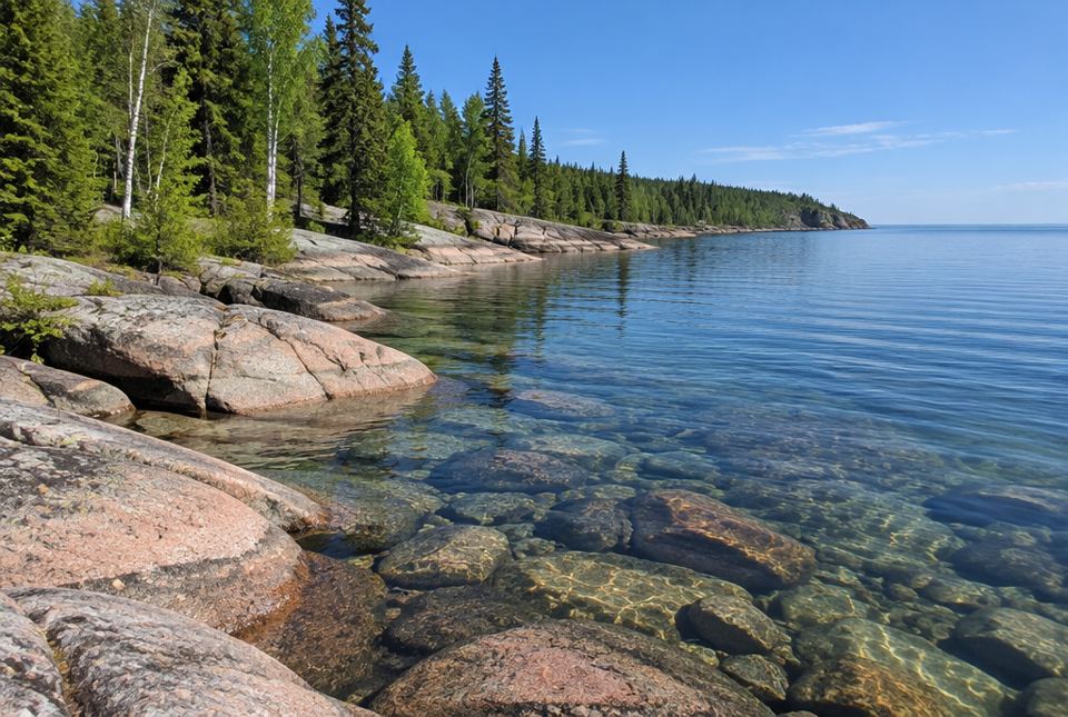 Clear, calm water over smooth pink and grey granite rocks on a Lake Superior shoreline with spruce and birch trees.