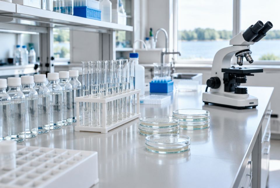 A laboratory bench with rows of water sample bottles, test tubes in a rack, petri dishes and a microscope.