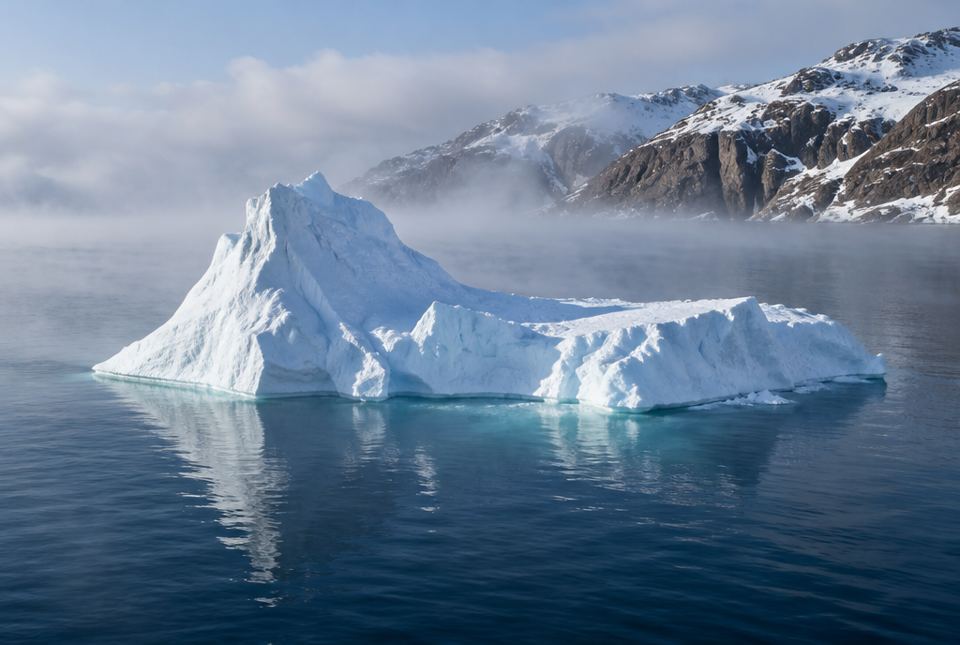 A large white iceberg floats in calm dark sea water, with mist over the water and snowy rocky mountains behind.