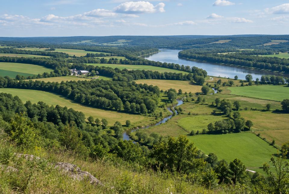 View from a hilltop over green farmland and woods, with a small winding creek flowing toward a larger river.