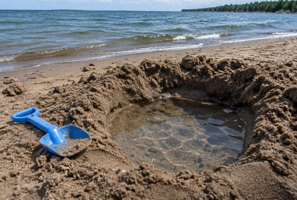 A hole dug in sand on a lake beach has clear water in the bottom, with a blue toy shovel beside it.