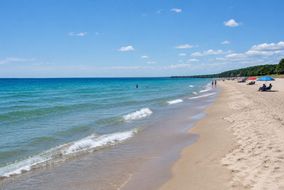 A sandy beach on a large blue lake on a sunny summer day, with umbrellas and a few people far along the shore.