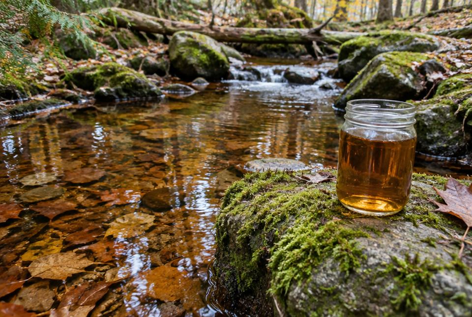 A forest stream with naturally tea-coloured water over fallen leaves, and a glass jar of amber water on a mossy rock.