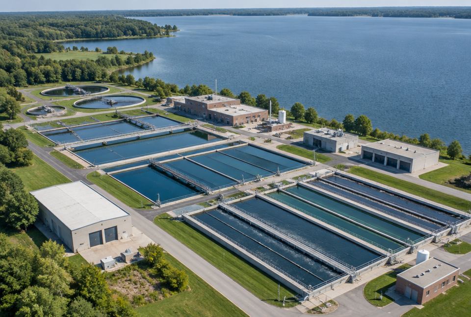 Aerial view of a water treatment plant beside a large lake, with rows of rectangular concrete tanks and buildings.