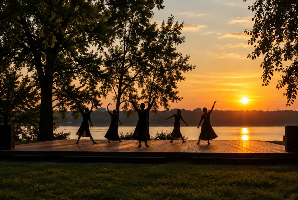 Silhouettes of five dancers with arms raised perform on an outdoor wooden stage by a river at sunset.