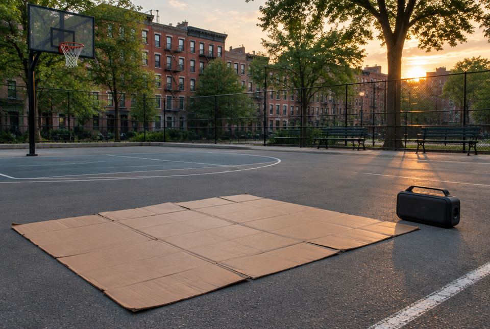 Flattened cardboard laid out as a dance surface on an outdoor basketball court beside a portable speaker, with apartment buildings behind.