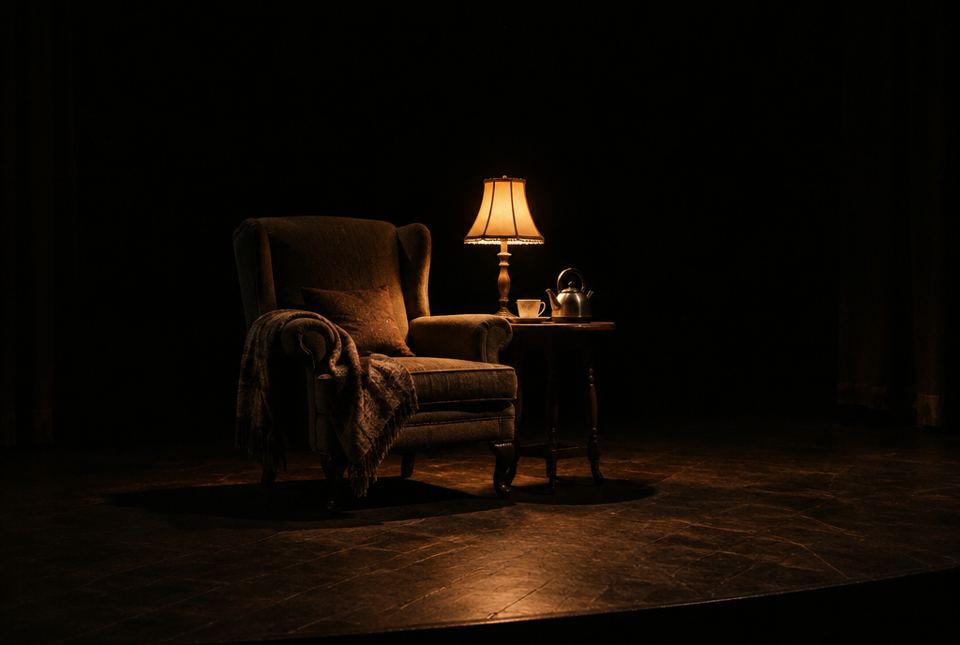 A dark stage lit only by one warm lamp beside an armchair and a small table with a kettle and teacup.