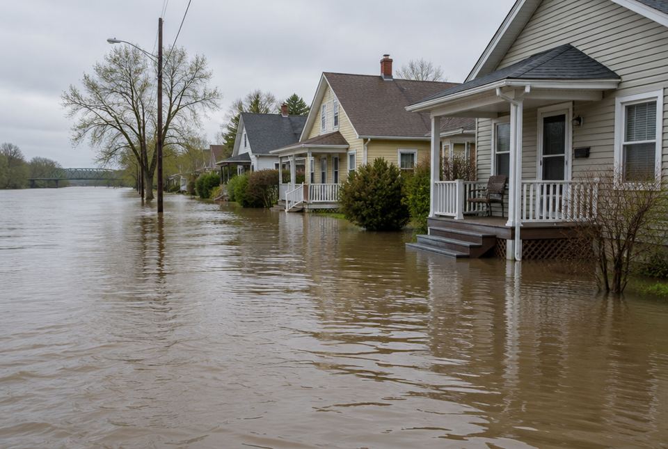 Brown flood water covers the street and front yards of a row of houses beside a river under a cloudy sky.