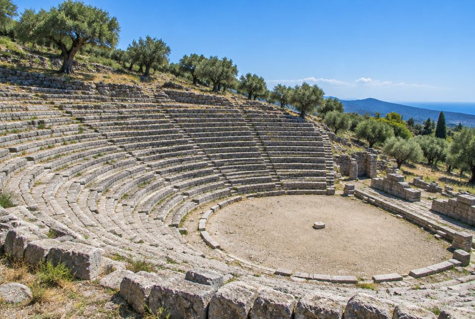 The stone ruins of an ancient Greek open-air theatre, with curved rows of seats rising up a hillside around a round stage area.