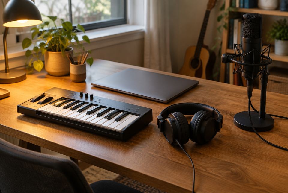 A desk with a small MIDI keyboard, headphones, a microphone on a stand and a closed laptop, lit by a desk lamp.
