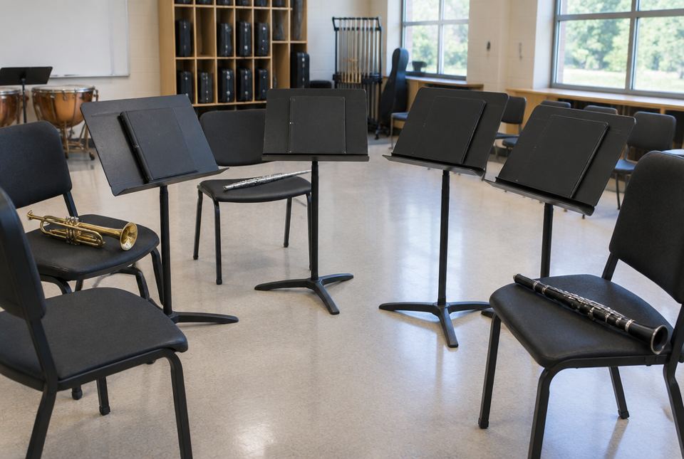 A school band room with black music stands in a semicircle and a trumpet, flute and clarinet resting on chairs.