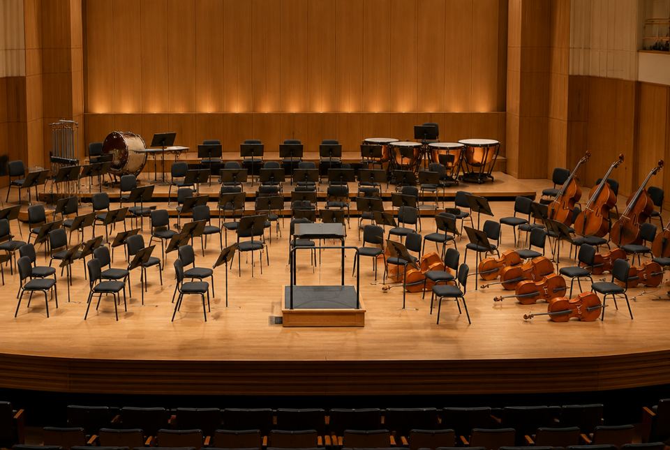 An empty concert hall stage set for an orchestra, with chairs, music stands, cellos and double basses lying down and timpani at the back.