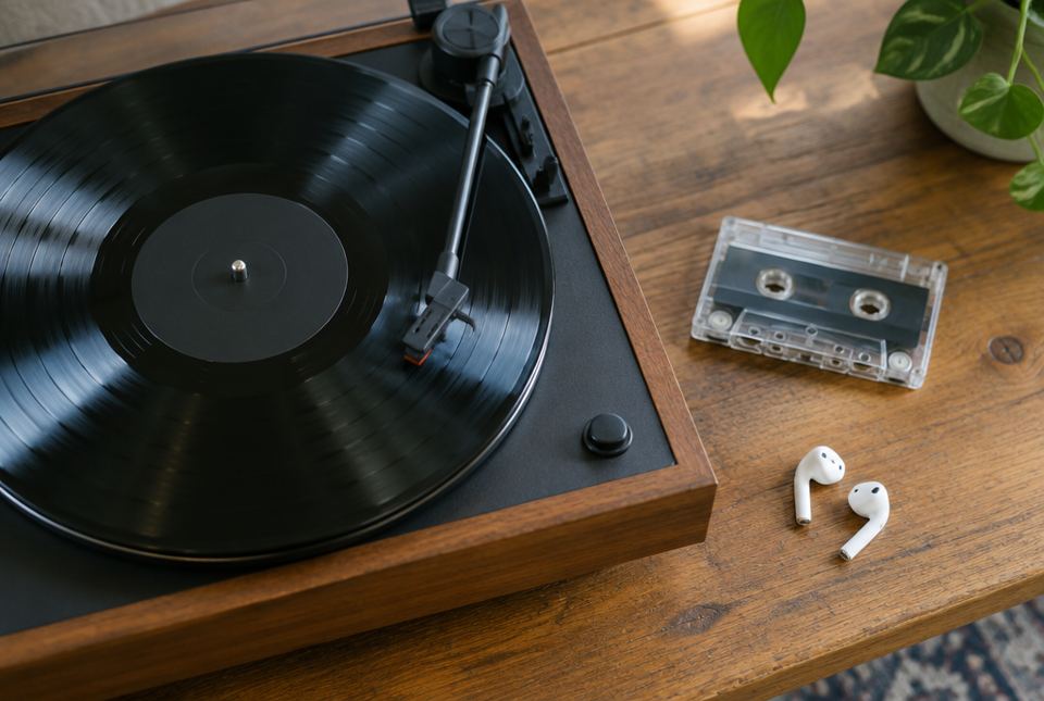 A record player with a black vinyl record, beside a cassette tape and wireless earbuds on a wooden table.