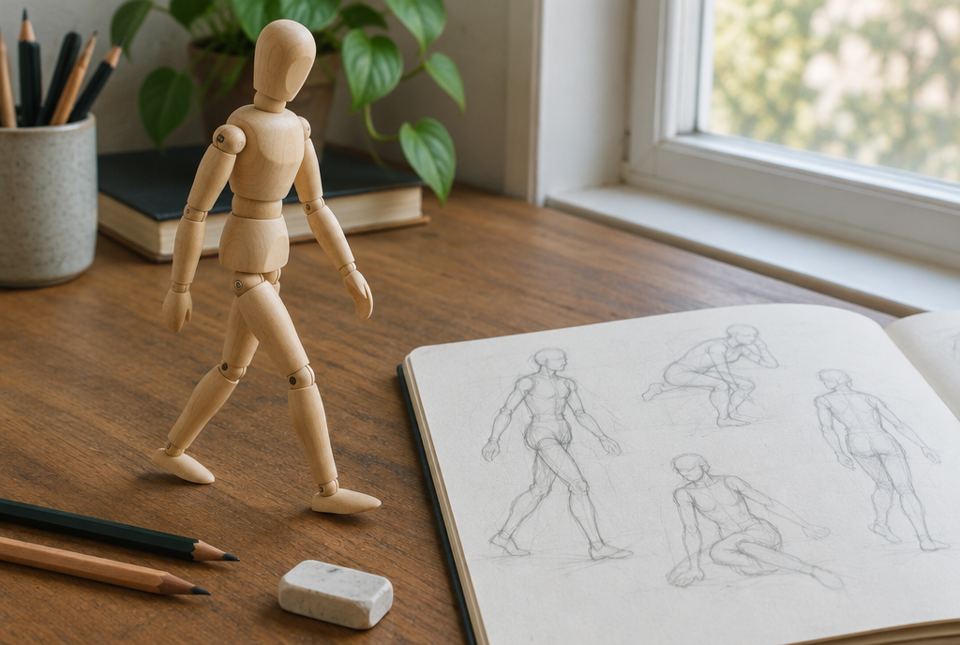 A wooden artist's mannequin stands in a walking pose beside an open sketchbook of pencil figure drawings.