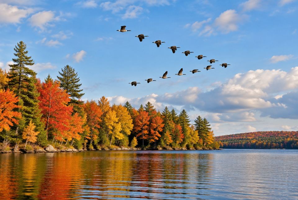 A flock of Canada geese flies in a long V across a blue sky above a lake with bright autumn trees.