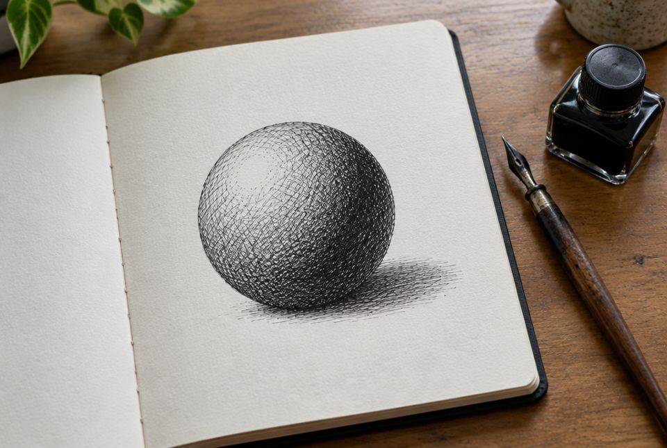 An open sketchbook with a pen-and-ink sphere shaded with cross-hatched lines, beside a dip pen and a bottle of ink.