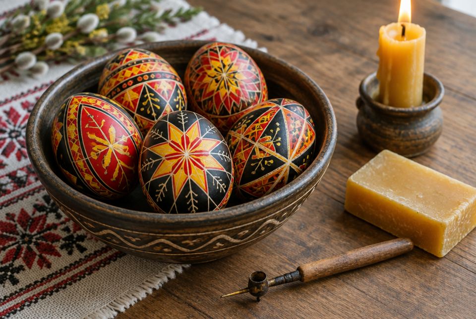 Pysanky eggs with bright geometric designs in a wooden bowl, beside a block of beeswax, a lit candle and a kistka tool.