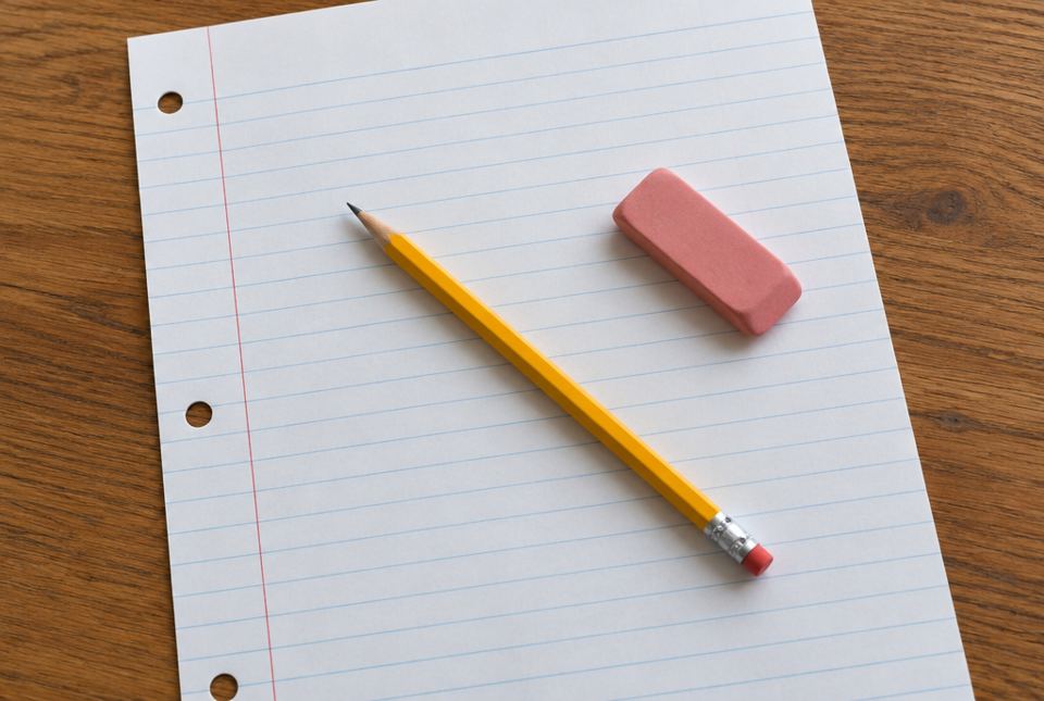 A yellow pencil and a pink eraser lie on a blank sheet of lined writing paper.