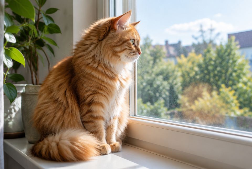 A fluffy orange cat sits on a sunny windowsill and looks outside.