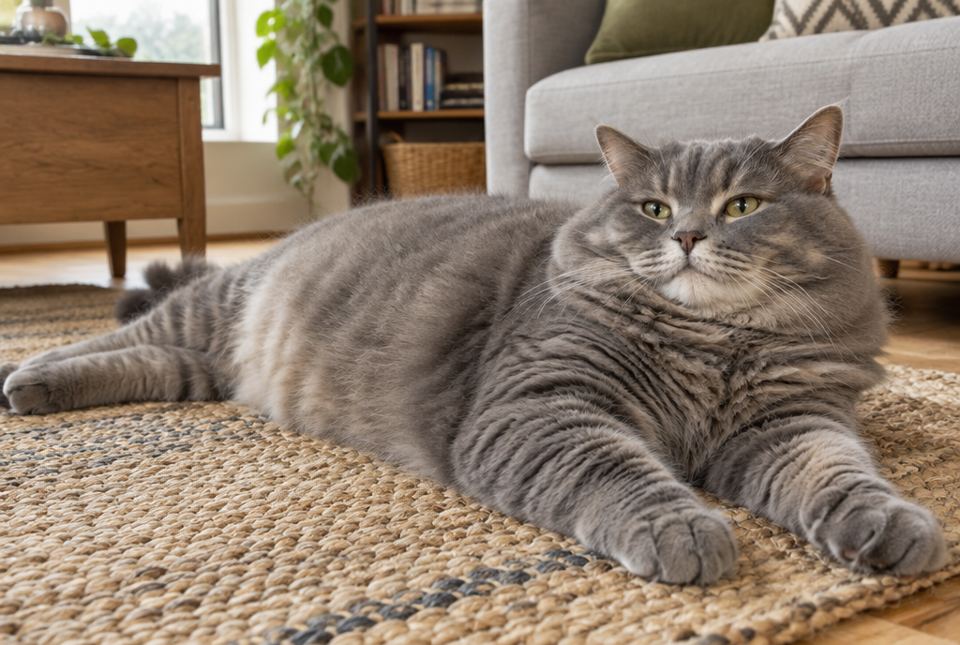 A big, fluffy grey cat lies stretched out on a woven rug.