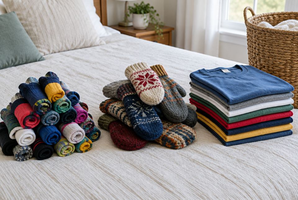 Three neat piles on a bed: rolled-up socks, knitted mittens and folded t-shirts, next to a laundry basket.