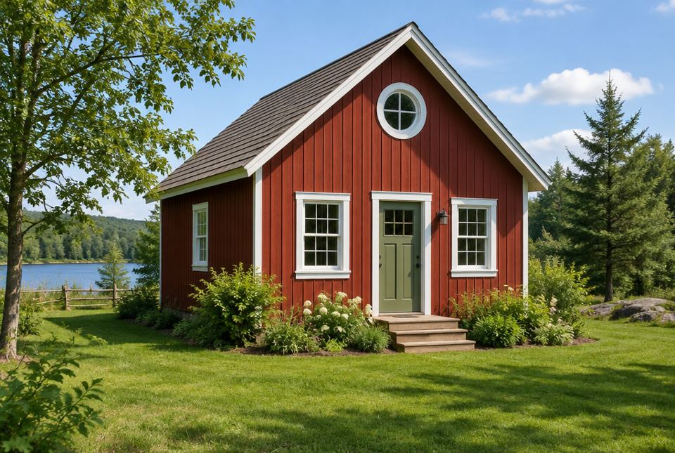 A small red house with a triangle-shaped roof, a round window near the top, and rectangle windows and a door.