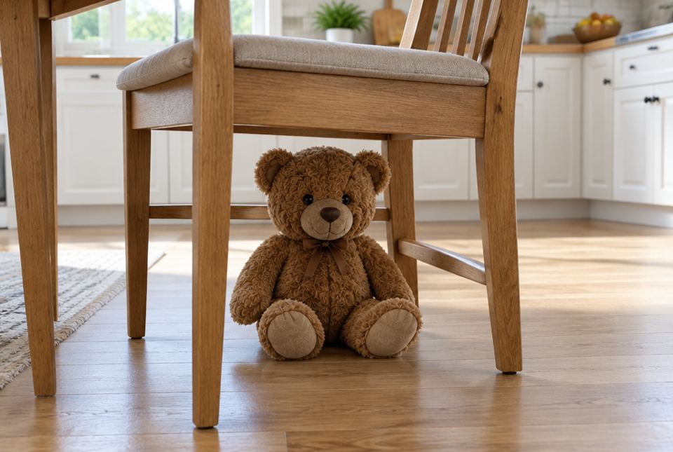 A brown teddy bear sitting on the floor under a wooden kitchen chair.