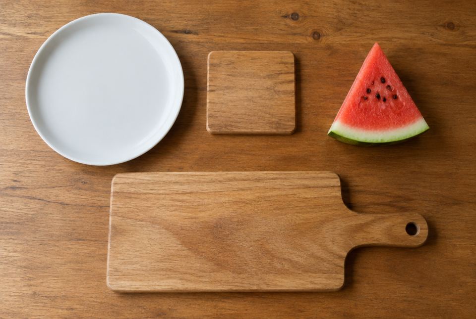 A round white plate, a square wooden coaster, a slice of watermelon shaped like a triangle, and a rectangular cutting board on a table.