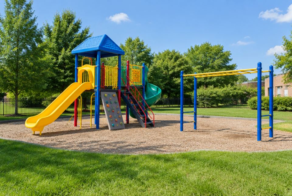 An empty colourful playground with a slide, a climbing wall and monkey bars on a sunny day.