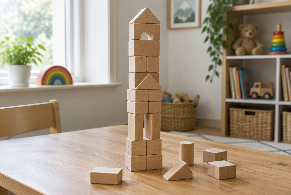 A tall tower made of wooden blocks on a table, with a few more blocks beside it.