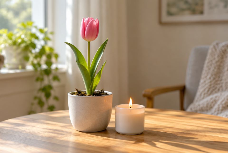 A pink tulip in a pot next to a small lit candle on a table.