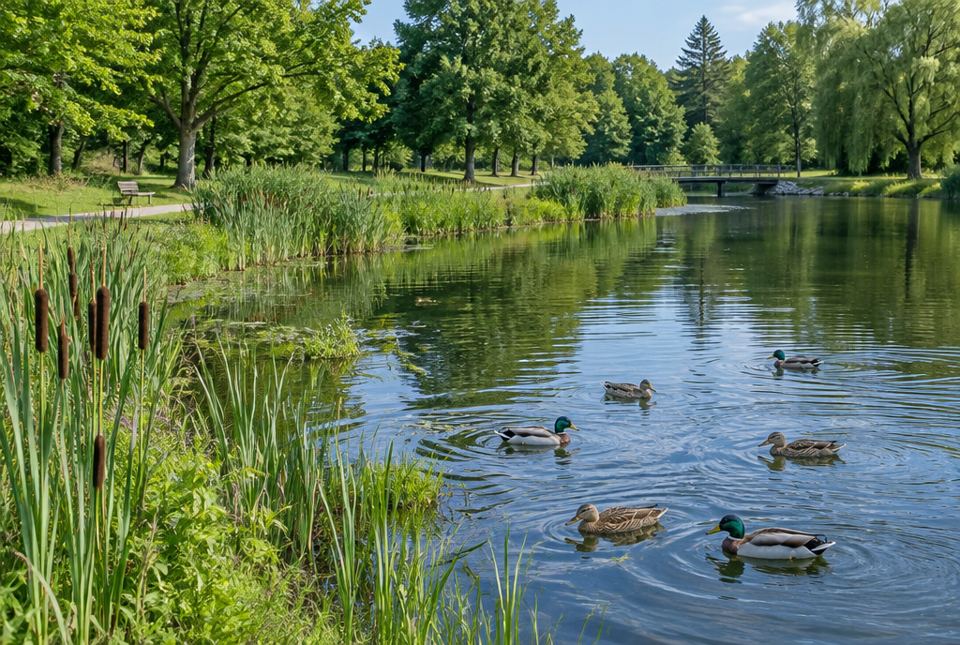 A park pond with ducks swimming, cattails at the edge, and trees and a path around it.