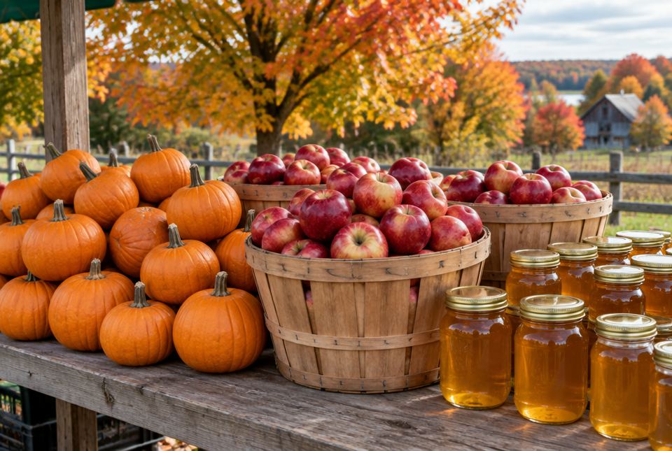 A farmers' market stand in fall has orange pumpkins, baskets of red apples and jars of golden honey.