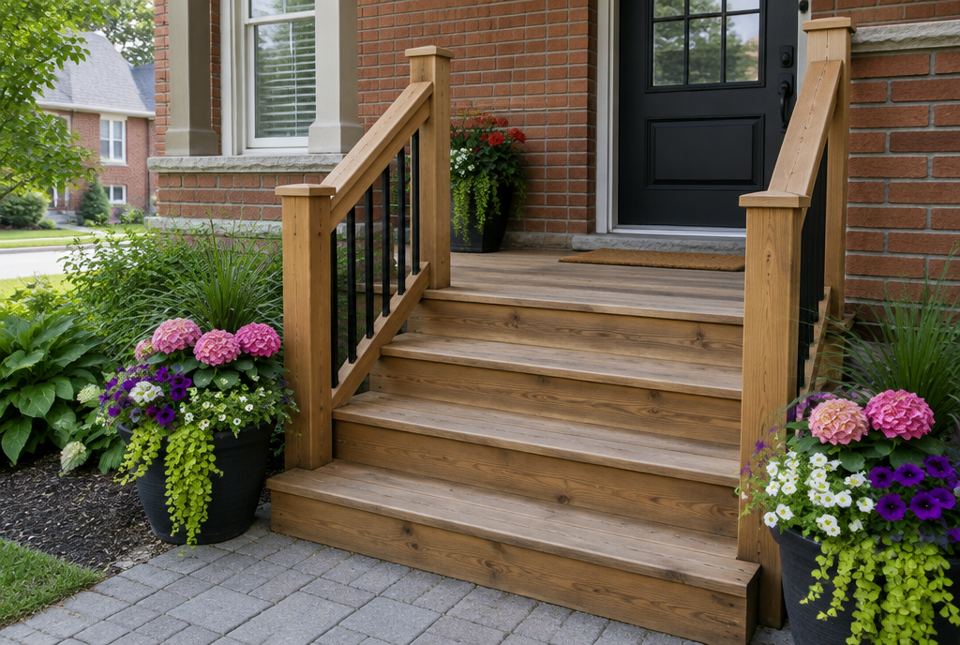 Wooden steps with railings lead up to the front porch of a brick house, with flower pots on each side.