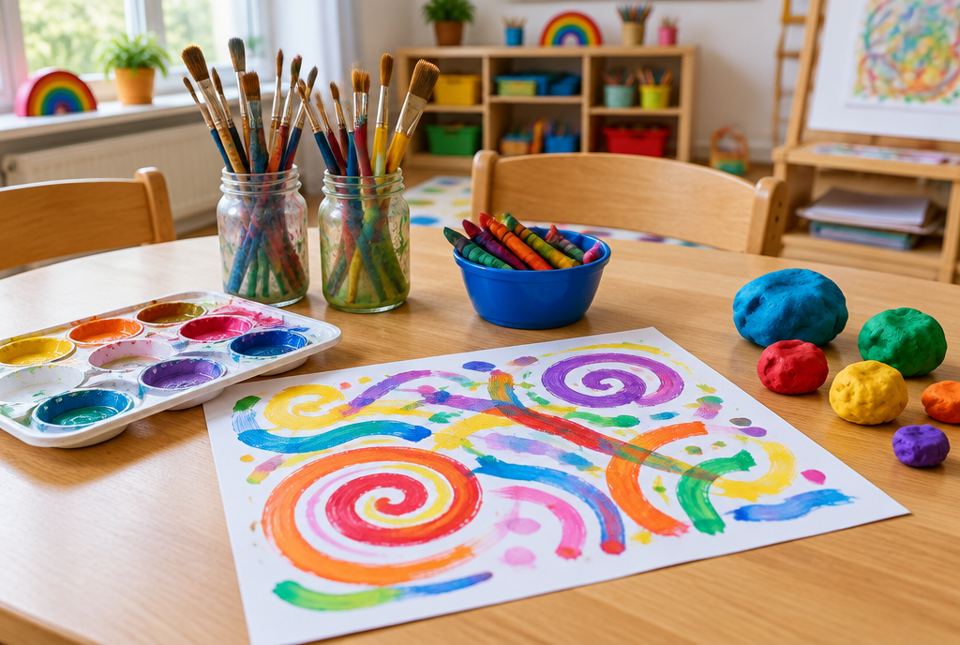 An art table with paint brushes in jars, a tray of paints, crayons, balls of play clay and a colourful swirly painting.