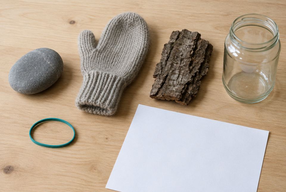A smooth stone, a soft knitted mitten, a piece of rough tree bark, an elastic band, a glass jar and a sheet of paper on a table.