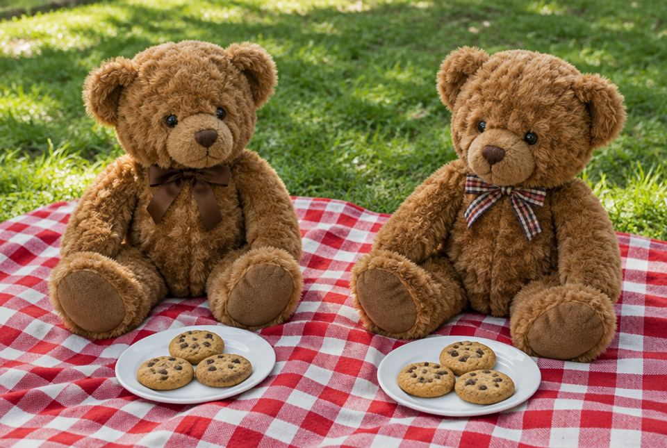 Two teddy bears sit on a red checkered picnic blanket, each with a plate of three cookies.