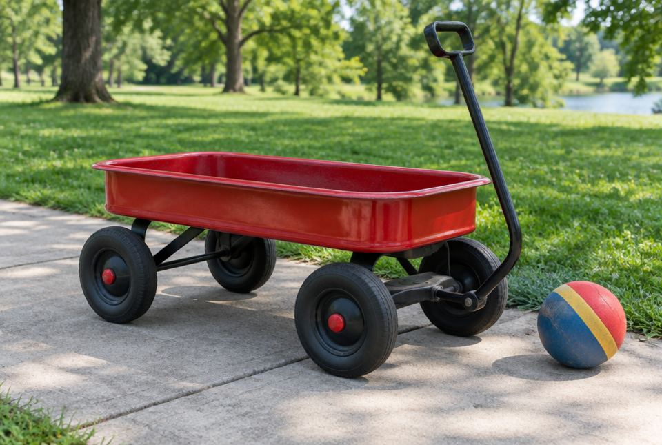 A red wagon with four round black wheels on a sidewalk, with a ball beside it.