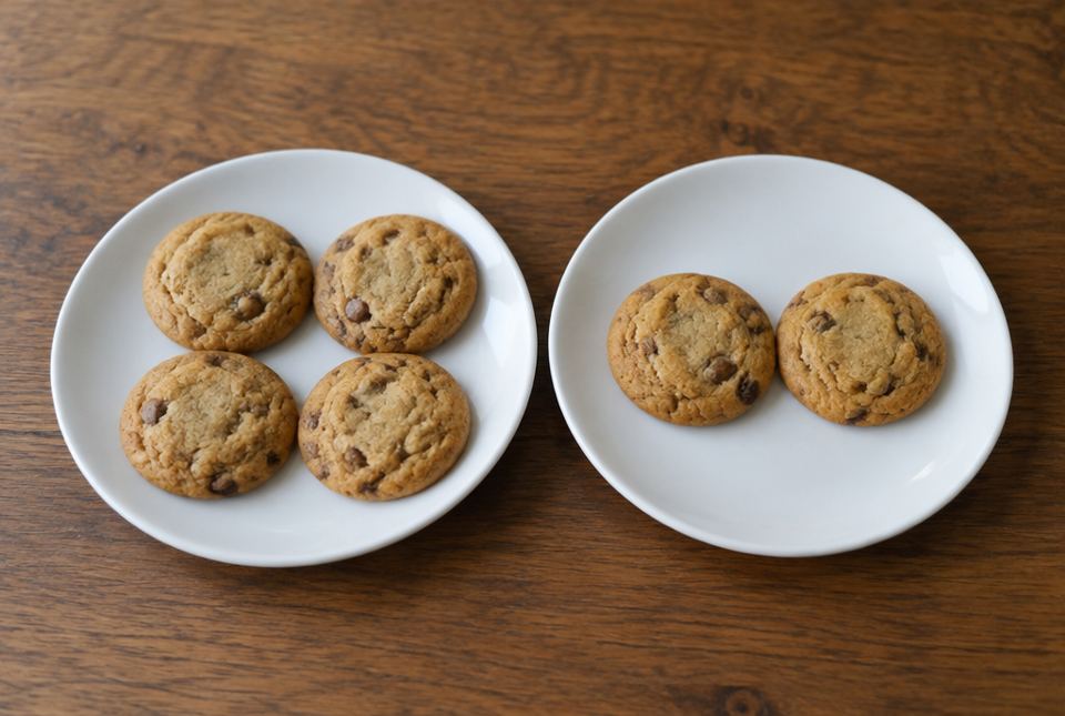 Two white plates of cookies sit side by side: one plate has four cookies and the other has two.