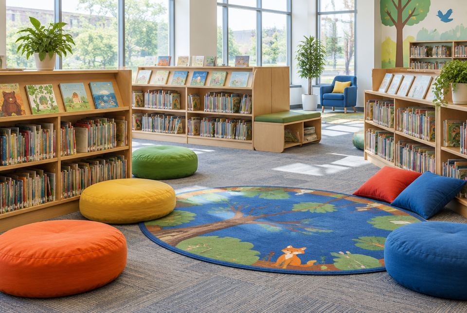 The children's area of a library with low bookshelves, picture books, colourful cushions and a round rug.