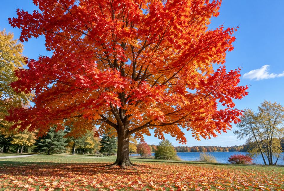 A big maple tree with bright red and orange leaves in a park, with fallen leaves on the grass.