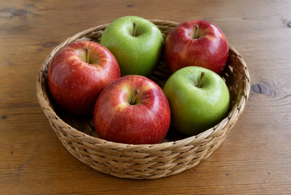 A woven basket holds three red apples and two green apples.
