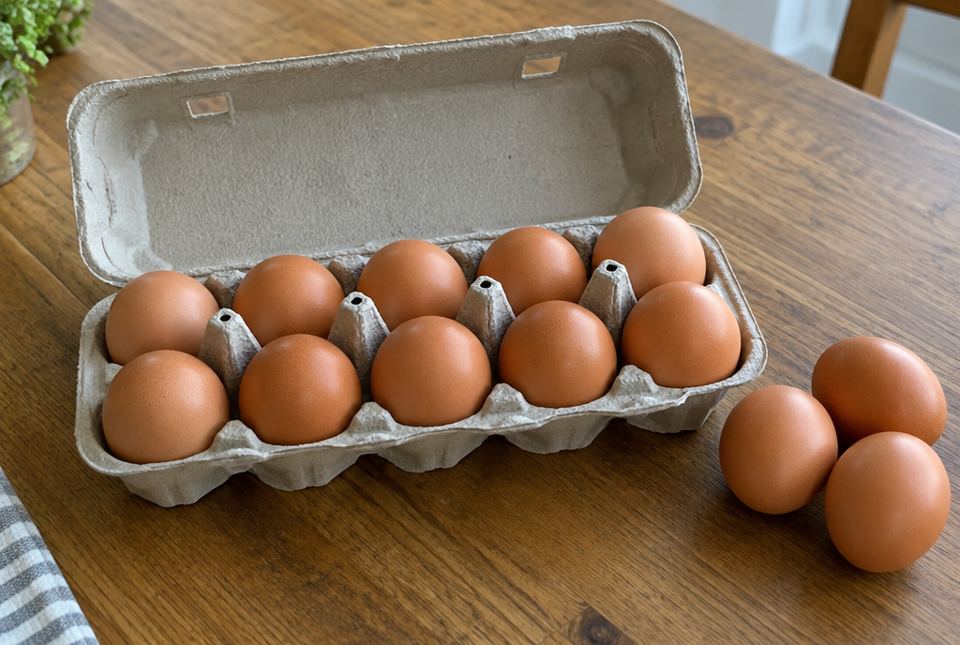 A full egg carton holds ten brown eggs in two rows of five, with three more eggs on the table beside it.