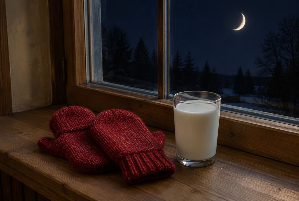 A pair of red knitted mittens and a glass of milk on a windowsill, with a crescent moon in the night sky outside.