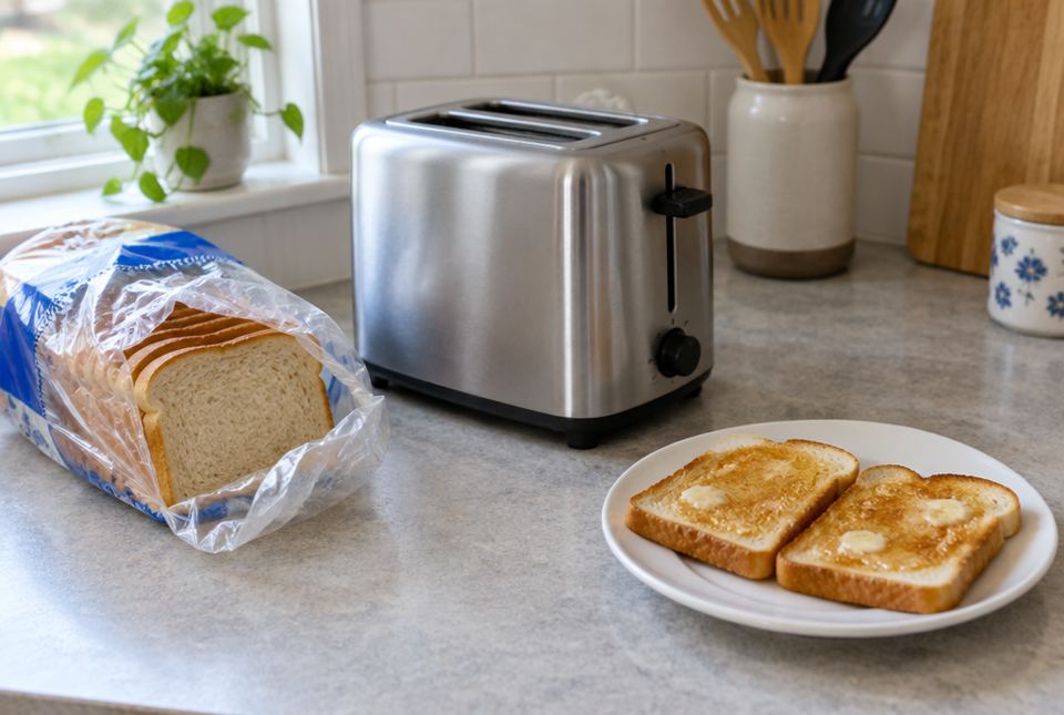 A bag of sliced bread, a toaster and a plate of buttered toast sit in a row on a kitchen counter.