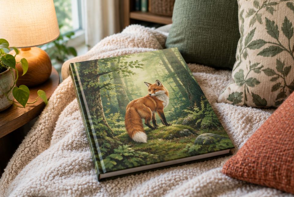 A closed picture book with a painting of a red fox in a forest on its front cover lies on a cozy blanket.